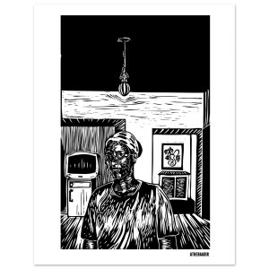 Illustrazione in bianco e nero stile linoleografia con donna in primo piano in una stanza domestica, televisore sullo sfondo e lampadario centrale, firmata ATHENAABIR.